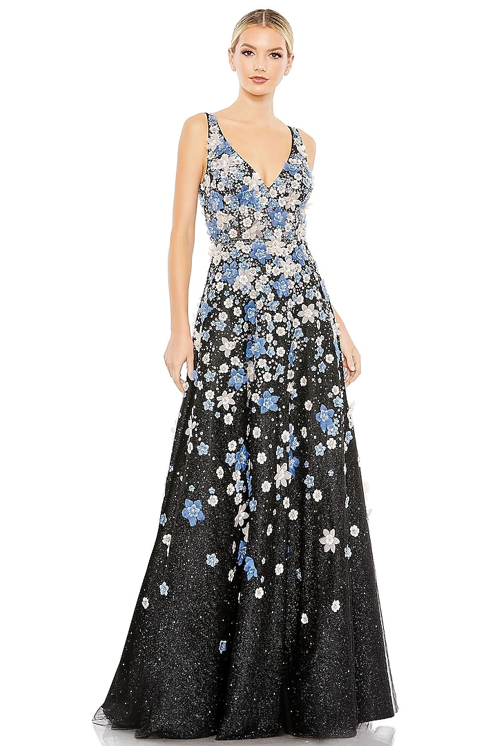 Black Tulle Floral Applique Embellished A-Line Gown by Mac Duggal at Pernia's Pop Up Shop