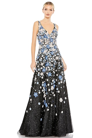 Black Tulle Floral Applique Embellished A-Line Gown by Mac Duggal