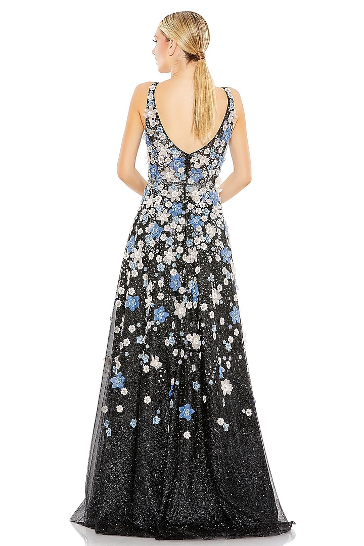 Black Tulle Floral Applique Embellished A-Line Wedding Gown by Mac Duggal at Pernia's Pop Up Shop