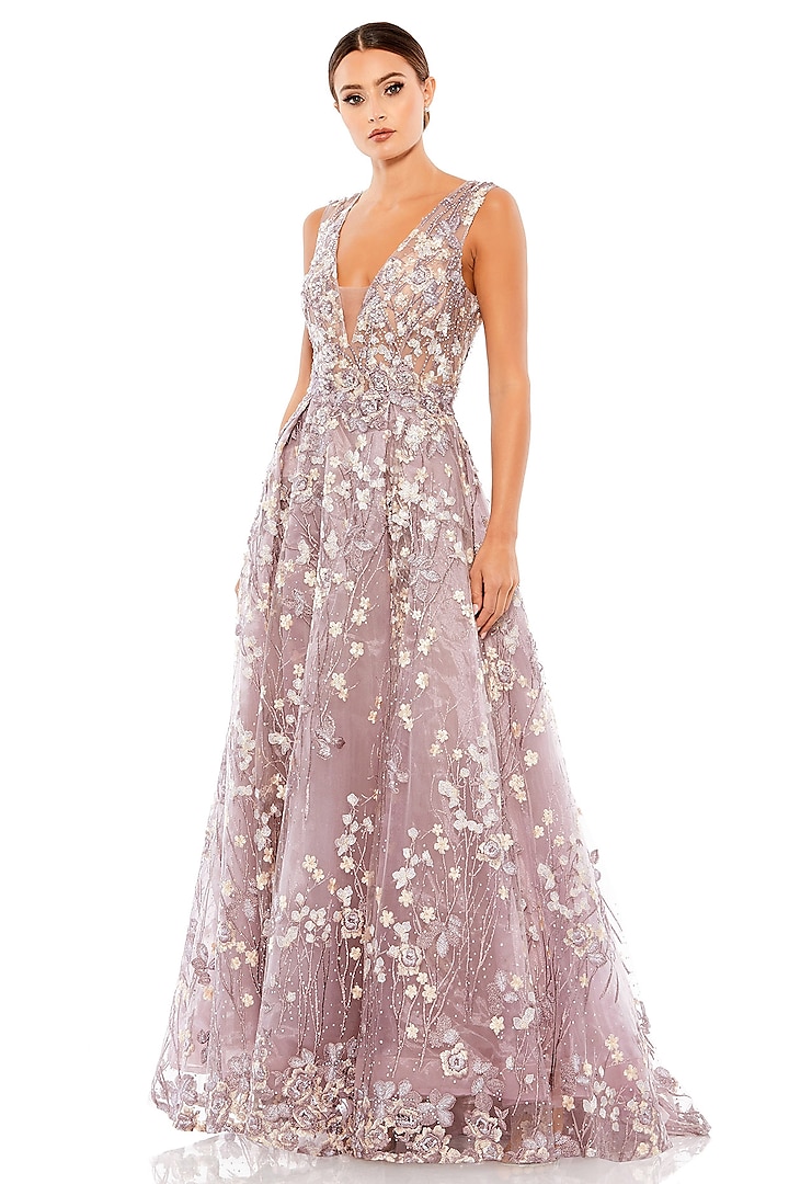 Lilac Net Floral Embroidered Gown by Mac Duggal at Pernia's Pop Up Shop