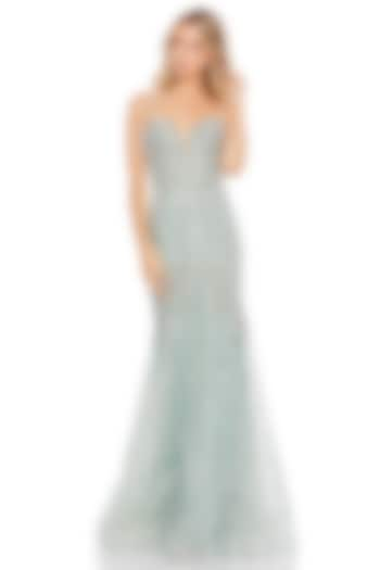 Mint Net Embellished Trumpet Gown by Mac Duggal at Pernia's Pop Up Shop