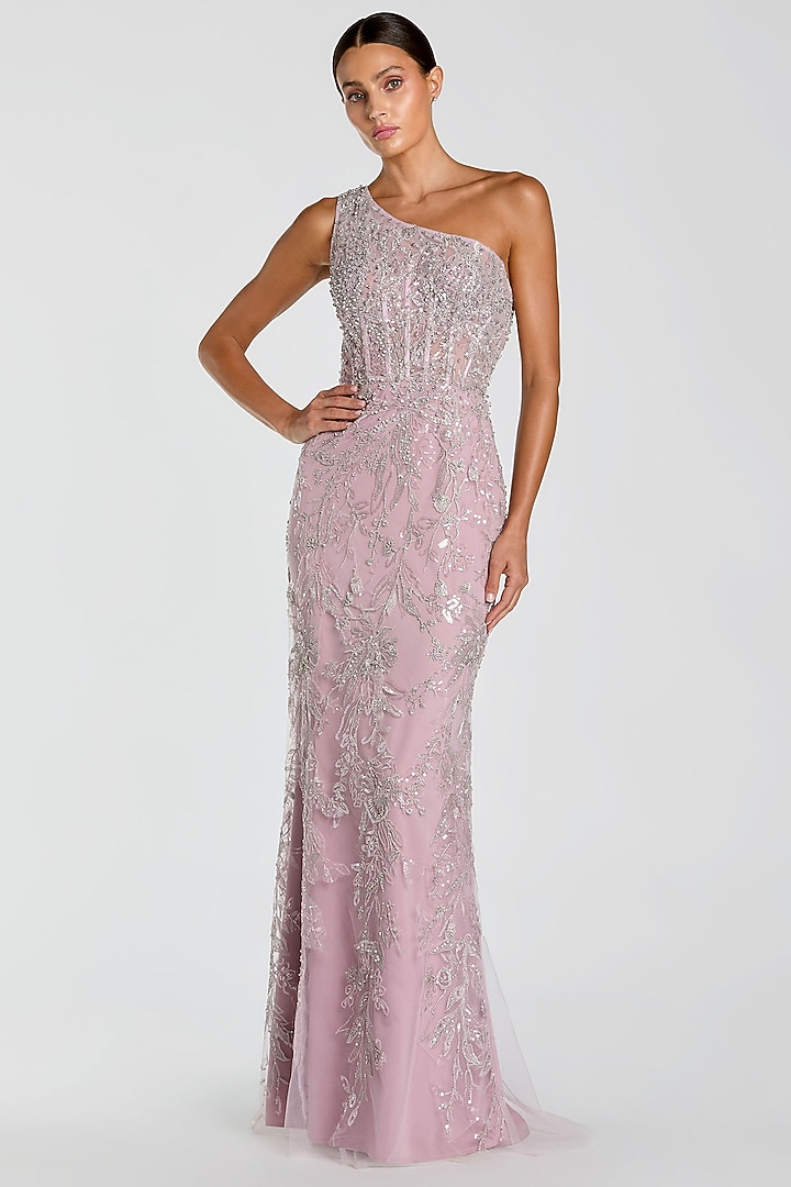 Lilac Polyester Sequin Embellished One-Shoulder Wedding Gown by Mac Duggal at Pernia's Pop Up Shop