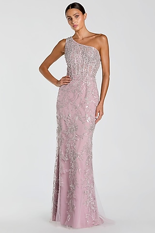 Lilac Polyester Sequin Embellished One-Shoulder Gown by Mac Duggal