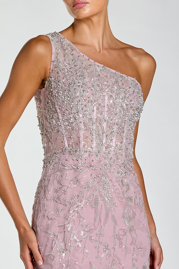 Lilac Polyester Sequin Embellished One-Shoulder Wedding Gown by Mac Duggal at Pernia's Pop Up Shop