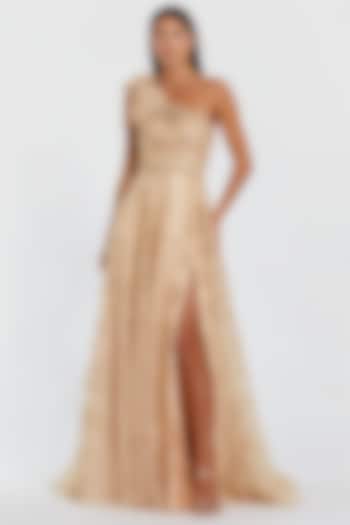 Champagne Polyester Floral Embroidered One-Shoulder Wedding Gown by Mac Duggal at Pernia's Pop Up Shop