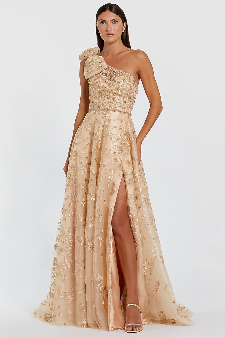 Champagne Polyester Floral Embroidered One-Shoulder Wedding Gown by Mac Duggal at Pernia's Pop Up Shop
