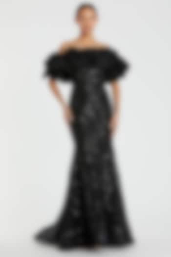 Black Polyester Sequin Embellished Off-Shoulder Mermaid Wedding Gown by Mac Duggal at Pernia's Pop Up Shop