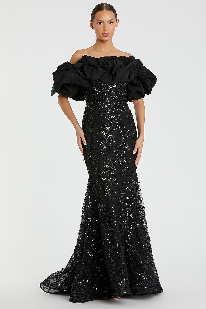 Black Polyester Sequin Embellished Off-Shoulder Mermaid Wedding Gown by Mac Duggal at Pernia's Pop Up Shop