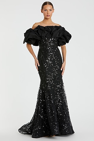 Black Polyester Sequin Embellished Off-Shoulder Mermaid Gown by Mac Duggal