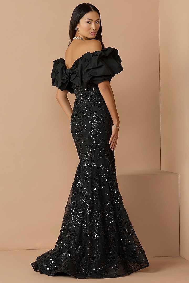 Black Polyester Sequin Embellished Off-Shoulder Mermaid Wedding Gown by Mac Duggal at Pernia's Pop Up Shop