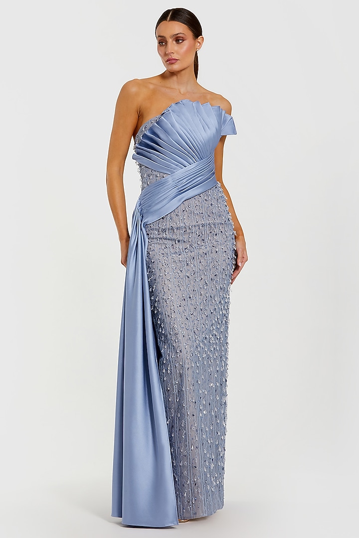 Fusion Blue Polyester Sequin Embellished Draped Wedding Gown by Mac Duggal at Pernia's Pop Up Shop