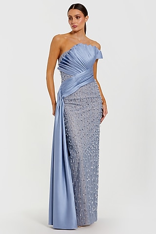 Fusion Blue Polyester Sequin Embellished Draped Gown by Mac Duggal