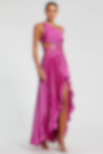 Fuchsia Charmeuse One-Shoulder Ruffled Cocktail Dress by Mac Duggal at Pernia's Pop Up Shop
