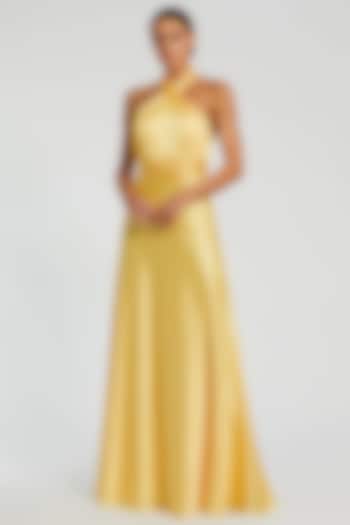 Lemon Yellow Satin Ruched Halter Party Wear Gown by Mac Duggal at Pernia's Pop Up Shop