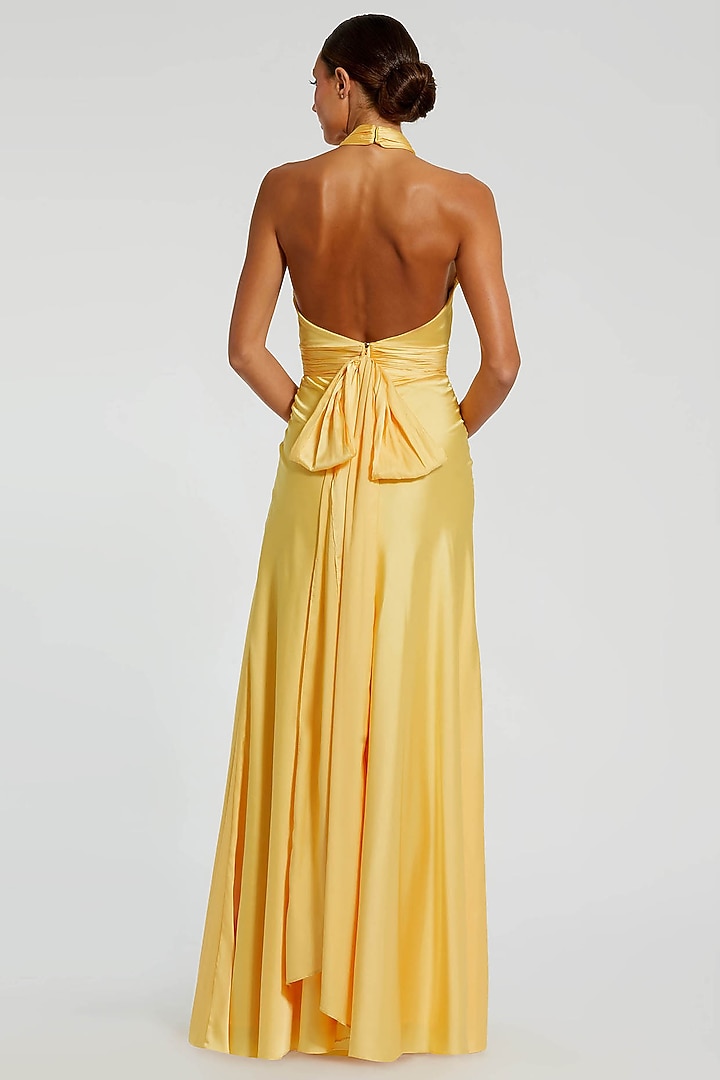 Lemon Yellow Satin Ruched Halter Party Wear Gown by Mac Duggal at Pernia's Pop Up Shop