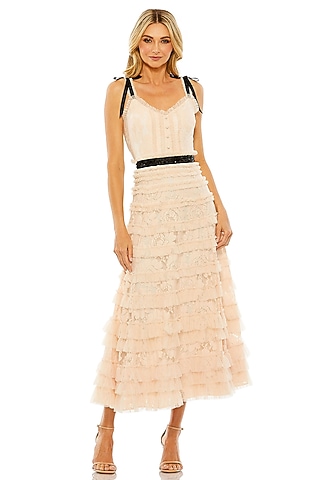 Porcelain Lace & Mesh Ruffled Tiered Midi Dress by Mac Duggal