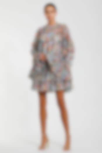 Blue Mesh & Polyester Floral Printed Ruffled Mini Cocktail Dress by Mac Duggal at Pernia's Pop Up Shop