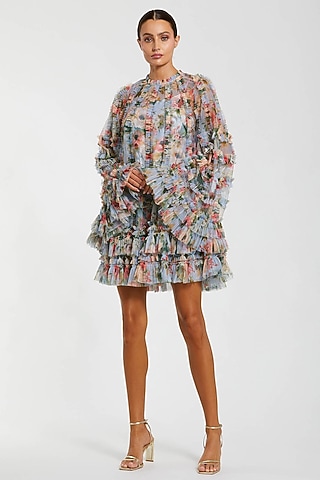 Blue Mesh & Polyester Floral Printed Ruffled Mini Dress by Mac Duggal
