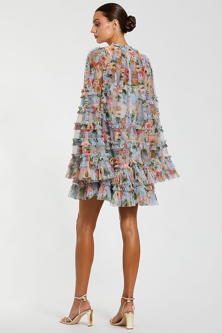 Blue Mesh & Polyester Floral Printed Ruffled Mini Cocktail Dress by Mac Duggal at Pernia's Pop Up Shop