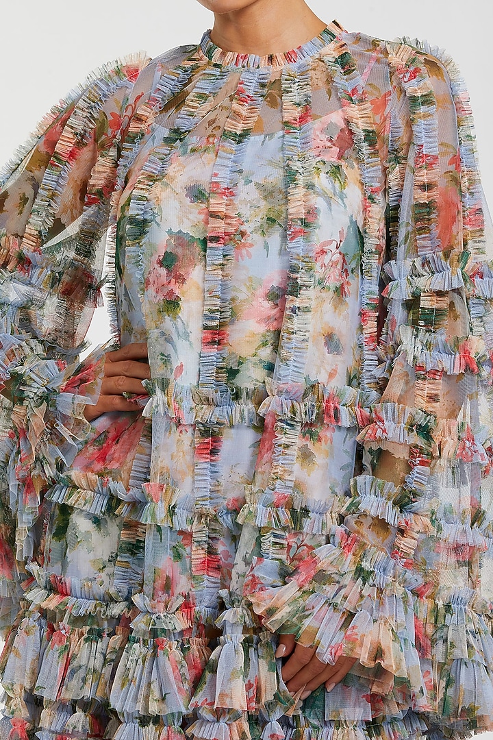 Blue Mesh & Polyester Floral Printed Ruffled Mini Cocktail Dress by Mac Duggal at Pernia's Pop Up Shop