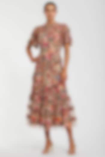 Multi-Colored Mesh Floral Printed Tiered Ruffled Midi Cocktail Dress by Mac Duggal at Pernia's Pop Up Shop