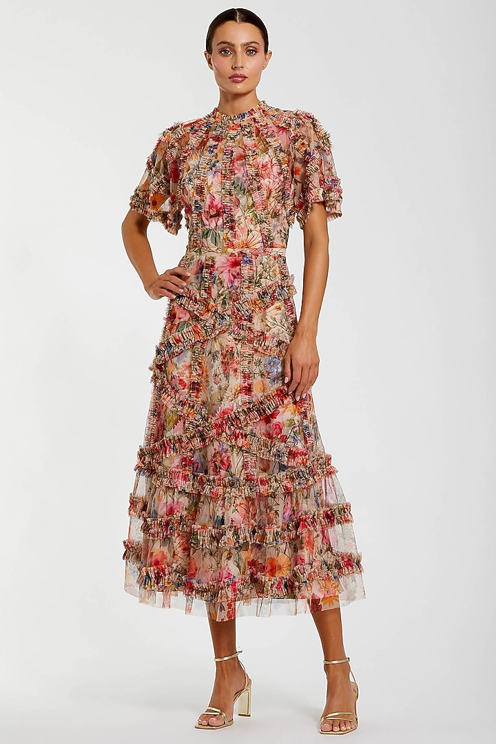 Multi-Colored Mesh Floral Printed Tiered Ruffled Midi Cocktail Dress by Mac Duggal at Pernia's Pop Up Shop