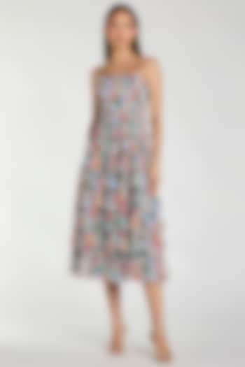 Blue Mesh Floral Printed Strapless Midi Cocktail Dress by Mac Duggal at Pernia's Pop Up Shop
