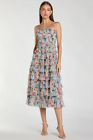 Blue Mesh Floral Printed Strapless Midi Dress by Mac Duggal