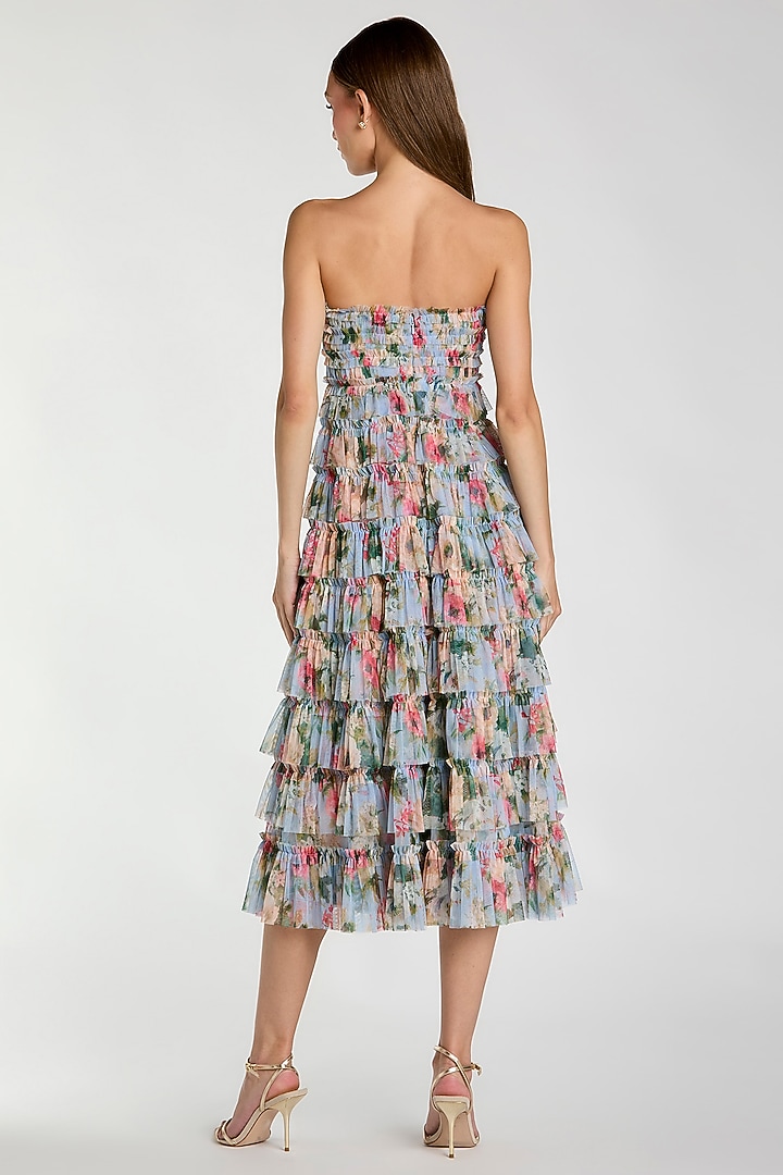 Blue Mesh Floral Printed Strapless Midi Cocktail Dress by Mac Duggal at Pernia's Pop Up Shop