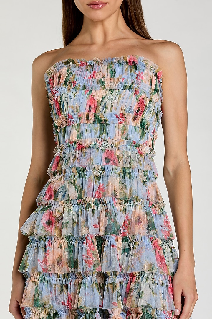 Blue Mesh Floral Printed Strapless Midi Cocktail Dress by Mac Duggal at Pernia's Pop Up Shop