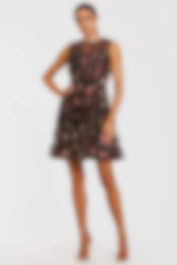 Black Mesh Floral Printed Ruffled Mini Cocktail Dress by Mac Duggal at Pernia's Pop Up Shop