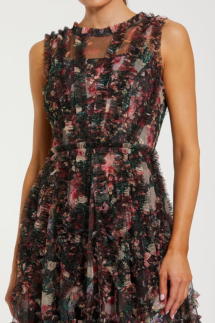 Black Mesh Floral Printed Ruffled Mini Cocktail Dress by Mac Duggal at Pernia's Pop Up Shop