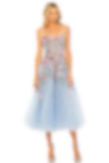 Powder Blue Polyester Floral Embroidered A-Line Midi Party Wear Dress by Mac Duggal at Pernia's Pop Up Shop