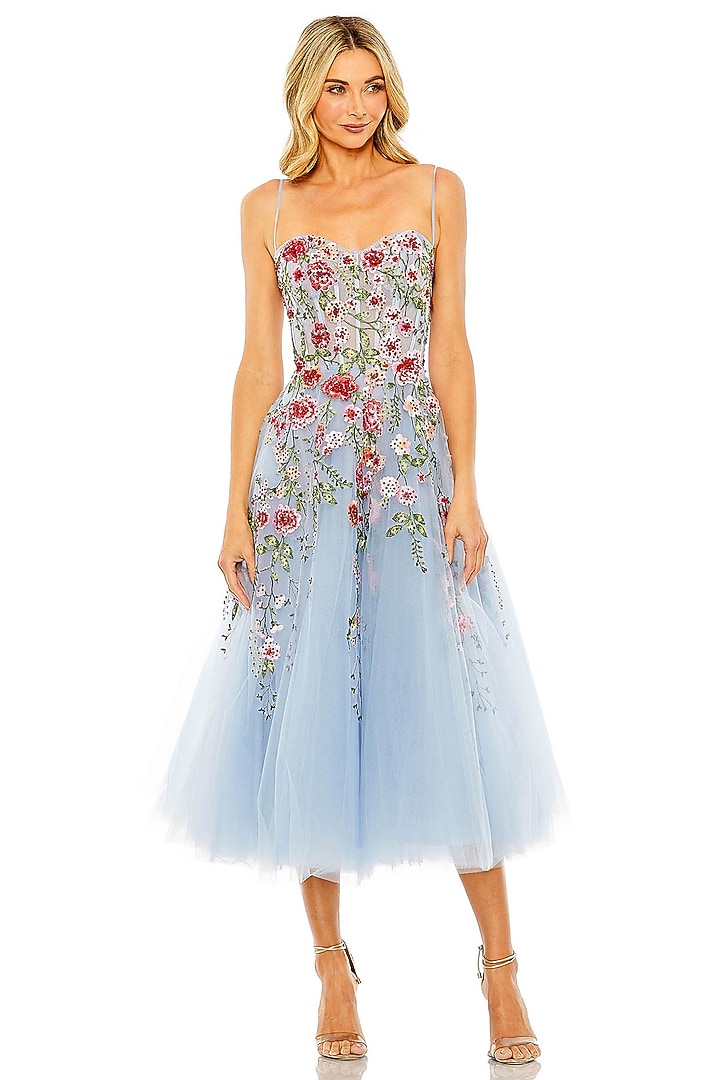 Powder Blue Polyester Floral Embroidered A-Line Midi Party Wear Dress by Mac Duggal at Pernia's Pop Up Shop