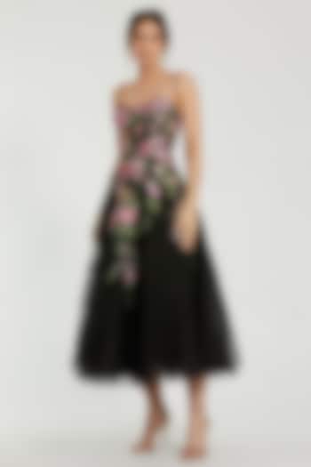 Black Polyester Floral Embroidered A-Line Midi Party Wear Dress by Mac Duggal at Pernia's Pop Up Shop