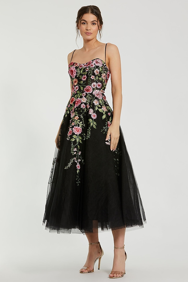 Black Polyester Floral Embroidered A-Line Midi Party Wear Dress by Mac Duggal at Pernia's Pop Up Shop