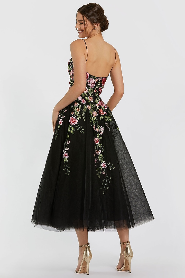 Black Polyester Floral Embroidered A-Line Midi Party Wear Dress by Mac Duggal at Pernia's Pop Up Shop