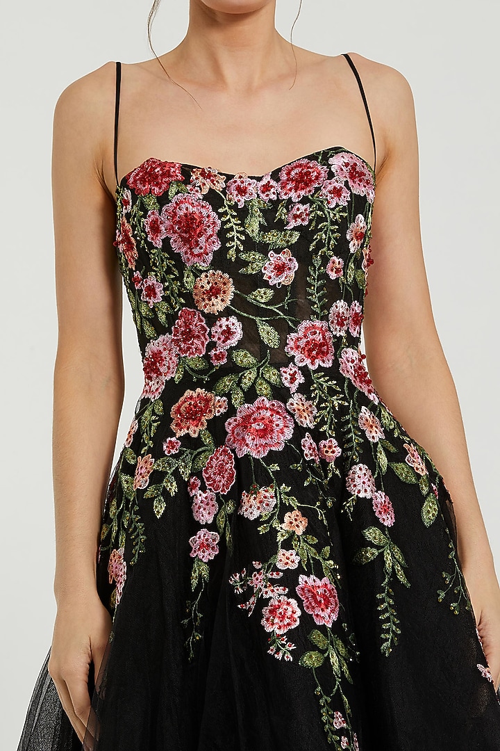 Black Polyester Floral Embroidered A-Line Midi Party Wear Dress by Mac Duggal at Pernia's Pop Up Shop