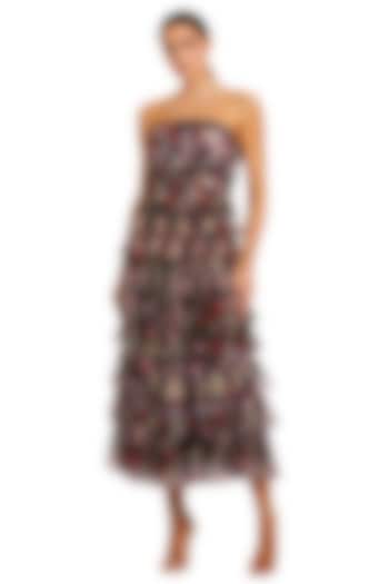 Black Mesh Floral Printed Strapless Midi Cocktail Dress by Mac Duggal at Pernia's Pop Up Shop