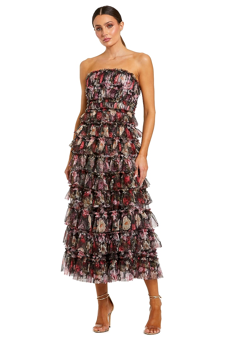 Black Mesh Floral Printed Strapless Midi Cocktail Dress by Mac Duggal at Pernia's Pop Up Shop