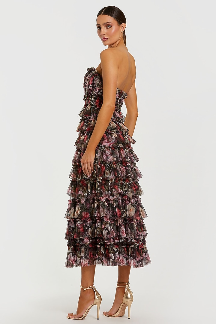 Black Mesh Floral Printed Strapless Midi Cocktail Dress by Mac Duggal at Pernia's Pop Up Shop