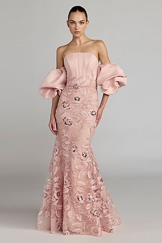 Pink Polyester Off-Shoulder Gown by Mac Duggal