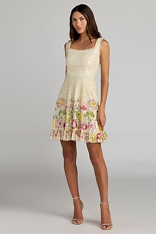 Ivory Polyester Floral Sequins Dress by Mac Duggal