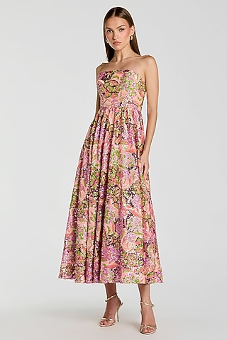 Multi-Colored Polyester Floral Sequins A-line Midi Dress by Mac Duggal
