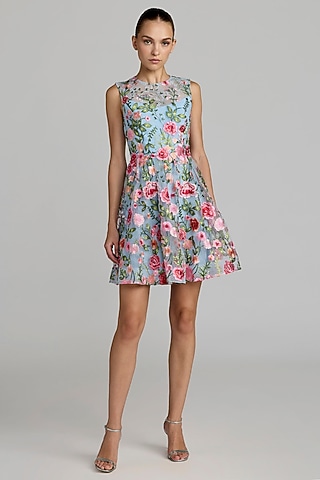 Powder Blue Polyester Embroidered Mini Dress by Mac Duggal