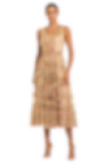 Beige Polyester Floral Printed Ruffle Midi Cocktail Dress by Mac Duggal at Pernia's Pop Up Shop