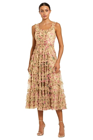 Beige Polyester Floral Printed Ruffle Midi Dress by Mac Duggal