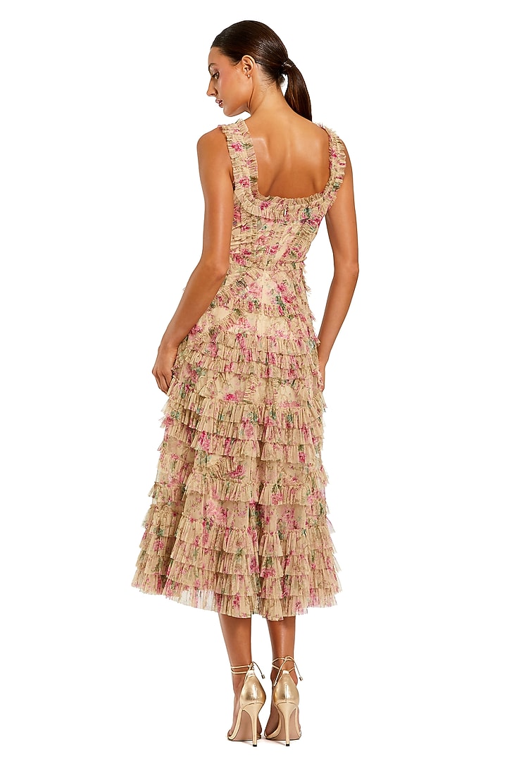 Beige Polyester Floral Printed Ruffle Midi Cocktail Dress by Mac Duggal at Pernia's Pop Up Shop