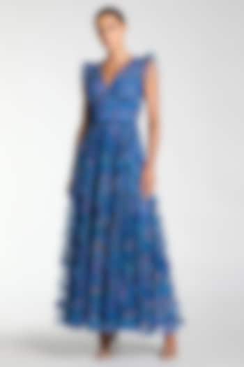Blue Polyester Floral Printed Ruffle Party Wear Dress by Mac Duggal at Pernia's Pop Up Shop