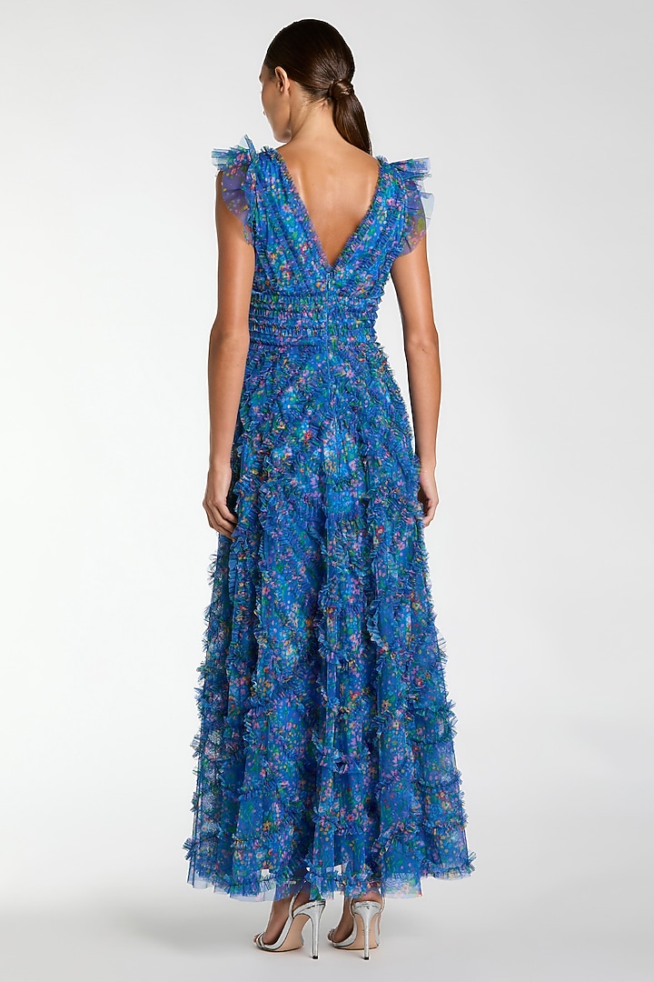 Blue Polyester Floral Printed Ruffle Party Wear Dress by Mac Duggal at Pernia's Pop Up Shop